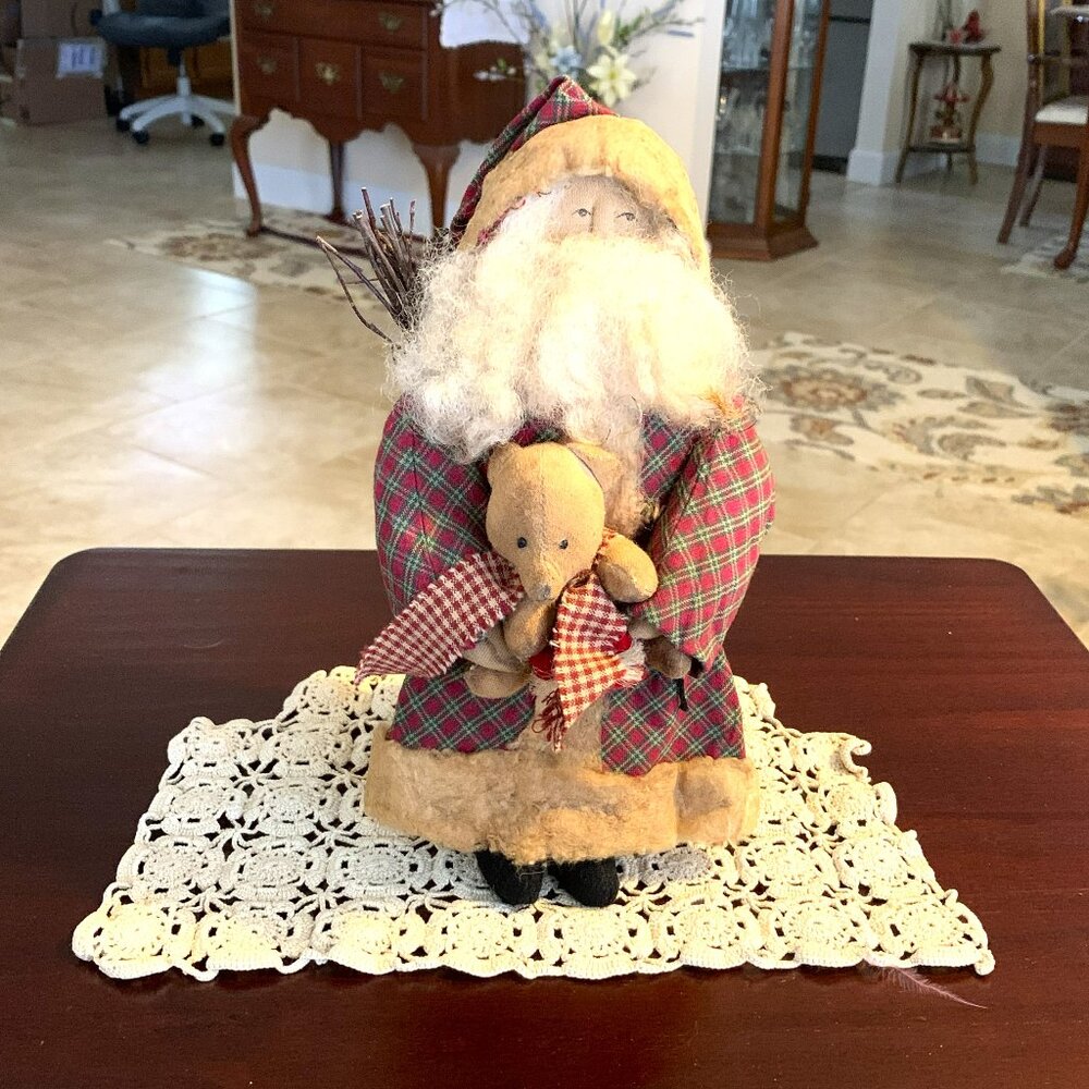 Alta's Heirlooms Handmade Santa with Teddy Bear Primitive Folk Art